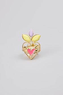 Gold Finish Pearl Embellished Enameled Adjustable Ring