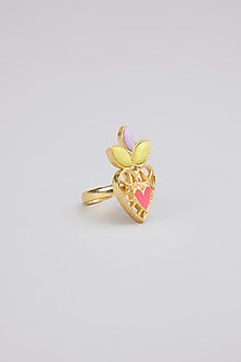 Gold Finish Pearl Embellished Enameled Adjustable Ring