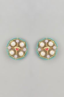 Gold Finish Pearl Multi-Colored Enameled Stud Earrings