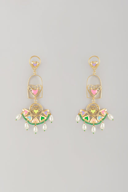 Gold Finish Pearl Multi-Colored Enameled Dangler Earrings