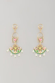 Gold Finish Pearl Multi-Colored Enameled Dangler Earrings