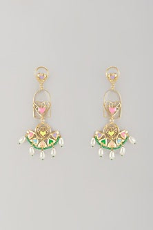Gold Finish Pearl Multi-Colored Enameled Dangler Earrings