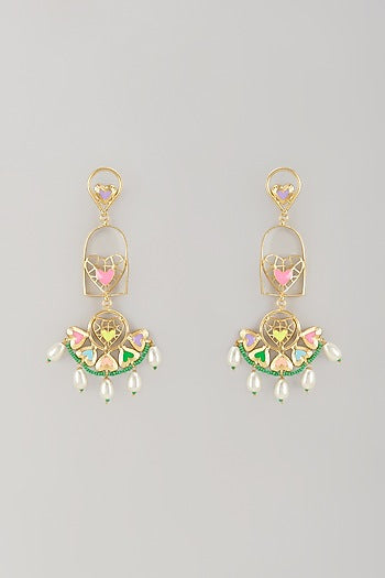 Gold Finish Pearl Multi-Colored Enameled Dangler Earrings