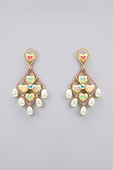 Gold Plated Pearl Enameled Dangler Earrings