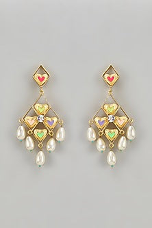 Gold Finish Pearl Enameled Dangler Earrings