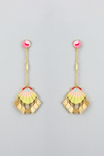 Gold Finish Pearl Multi-Colored Enameled Chandelier Earrings