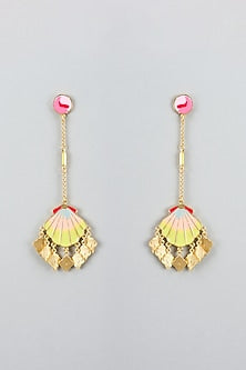 Gold Finish Pearl Multi-Colored Enameled Chandelier Earrings