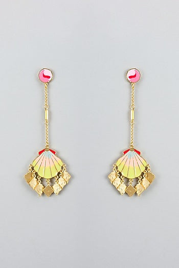 Gold Finish Pearl Multi-Colored Enameled Chandelier Earrings