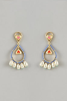 Gold Finish Crystal & Pearl Enameled Dangler Earrings