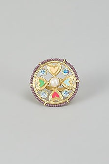 Gold Finish Beaded & Multi-Colored Enameled Ring