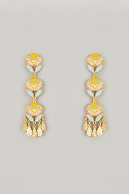 Gold Plated Amber & Ruby Enameled Dangler Earrings