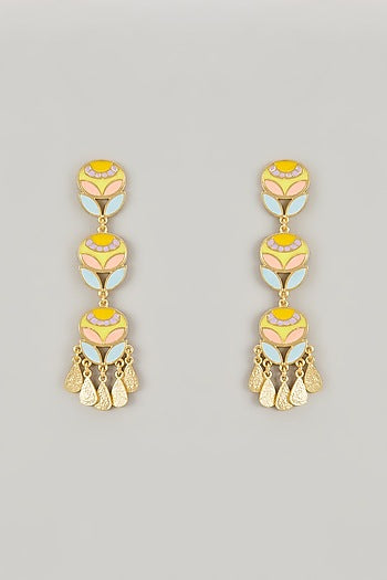 Gold Plated Amber & Ruby Enameled Dangler Earrings