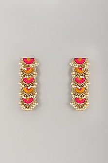 Matte Gold Finish Pink & Yellow Thread Embroidered Dangler Earrings