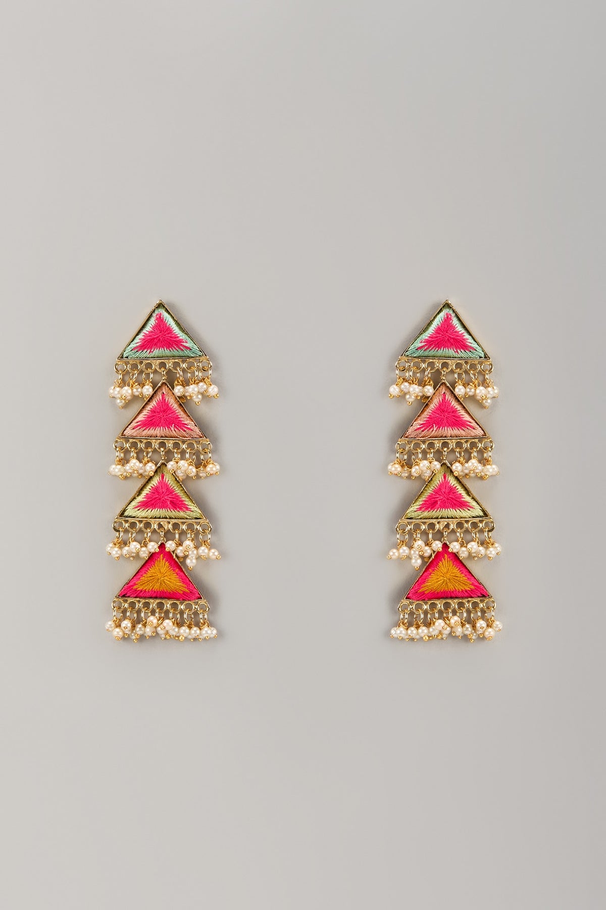Matte Gold Finish Thread Embroidered Triangular Dangler Earrings