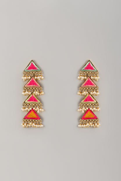 Matte Gold Finish Thread Embroidered Triangular Dangler Earrings