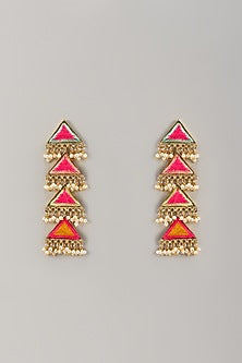 Matte Gold Finish Thread Embroidered Triangular Dangler Earrings