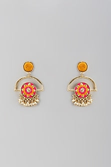 Matte Gold Finish Thread Embroidered Circular Pipe Earrings
