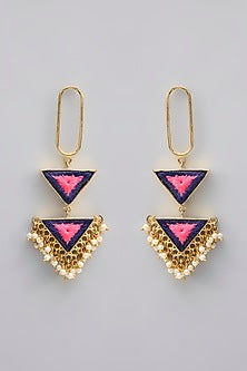 Gold Finish Silk Thread Embroidered & Pearl Dangler Earrings