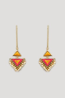 Matte Gold Finish Silk Thread Embroidered & Pearl Triangle Dangler Earrings