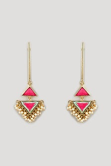 Matte Gold Finish Silk Thread Embroidered & Pearl Triangle Dangler Earrings