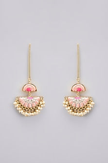 Gold Plated Peach & Hot Pink Silk Thread Embroidered Dangler Earrings