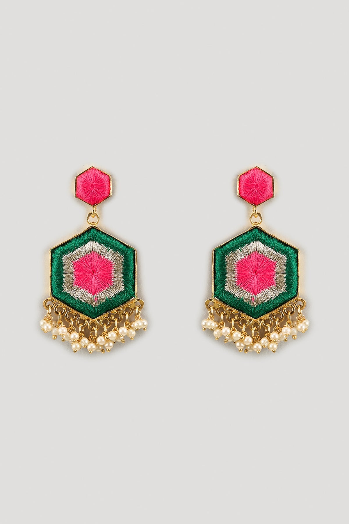 Matte Gold Finish Dark Green & Pink Zari Embroidered Hexagonal Dangler Earrings
