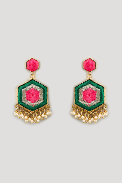 Matte Gold Finish Dark Green & Pink Zari Embroidered Hexagonal Dangler Earrings