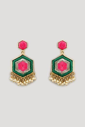 Matte Gold Finish Dark Green & Pink Zari Embroidered Hexagonal Dangler Earrings