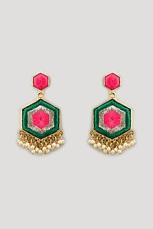Matte Gold Finish Dark Green & Pink Zari Embroidered Hexagonal Dangler Earrings