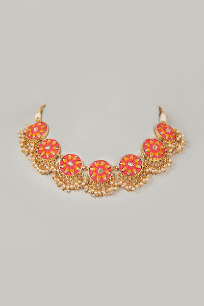 Gold Finish Embroidered Geometric Necklace