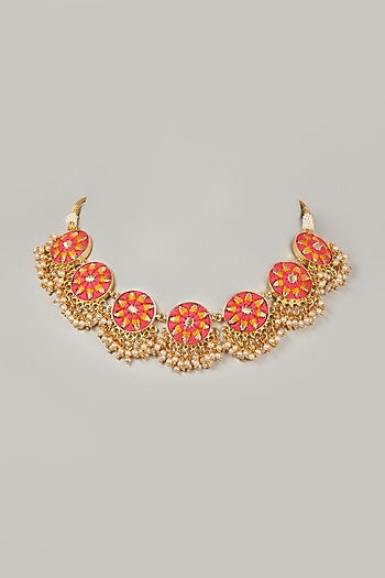 Gold Finish Embroidered Geometric Necklace