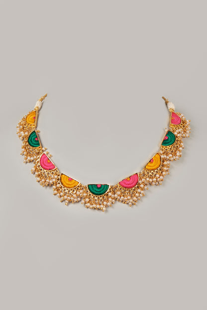 Gold Finish Necklace With Embroidery