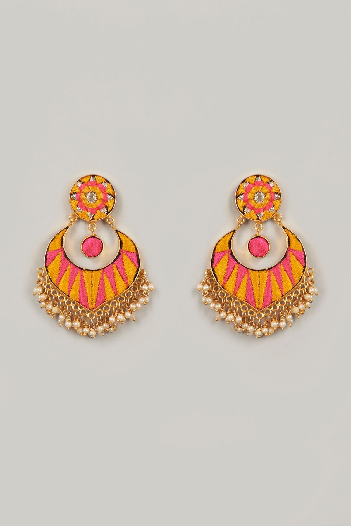 Gold Finish Thread Embroidered Chandbali Earrings