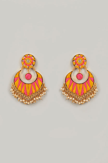 Gold Finish Thread Embroidered Chandbali Earrings