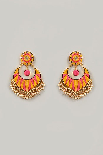 Gold Finish Thread Embroidered Chandbali Earrings