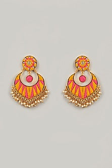 Gold Finish Thread Embroidered Chandbali Earrings