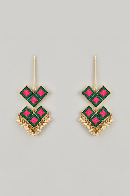 Gold Plated Coral Enameled Handcrafted Drop Earrings