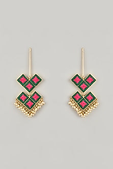 Gold Plated Coral Enameled Handcrafted Drop Earrings