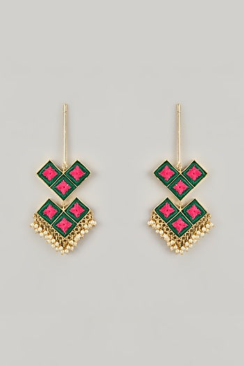 Gold Plated Coral Enameled Handcrafted Drop Earrings