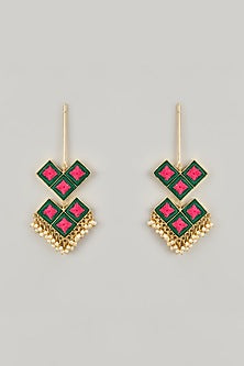 Gold Plated Coral Enameled Handcrafted Drop Earrings
