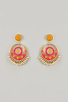 Gold Plated Yellow Hand-Painted Enameled Chandbali Earrings