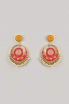 Gold Plated Yellow Hand-Painted Enameled Chandbali Earrings