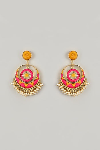 Gold Plated Yellow Hand-Painted Enameled Chandbali Earrings