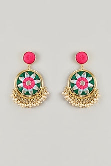Gold Plated Emerald Green Enameled Drop Earrings