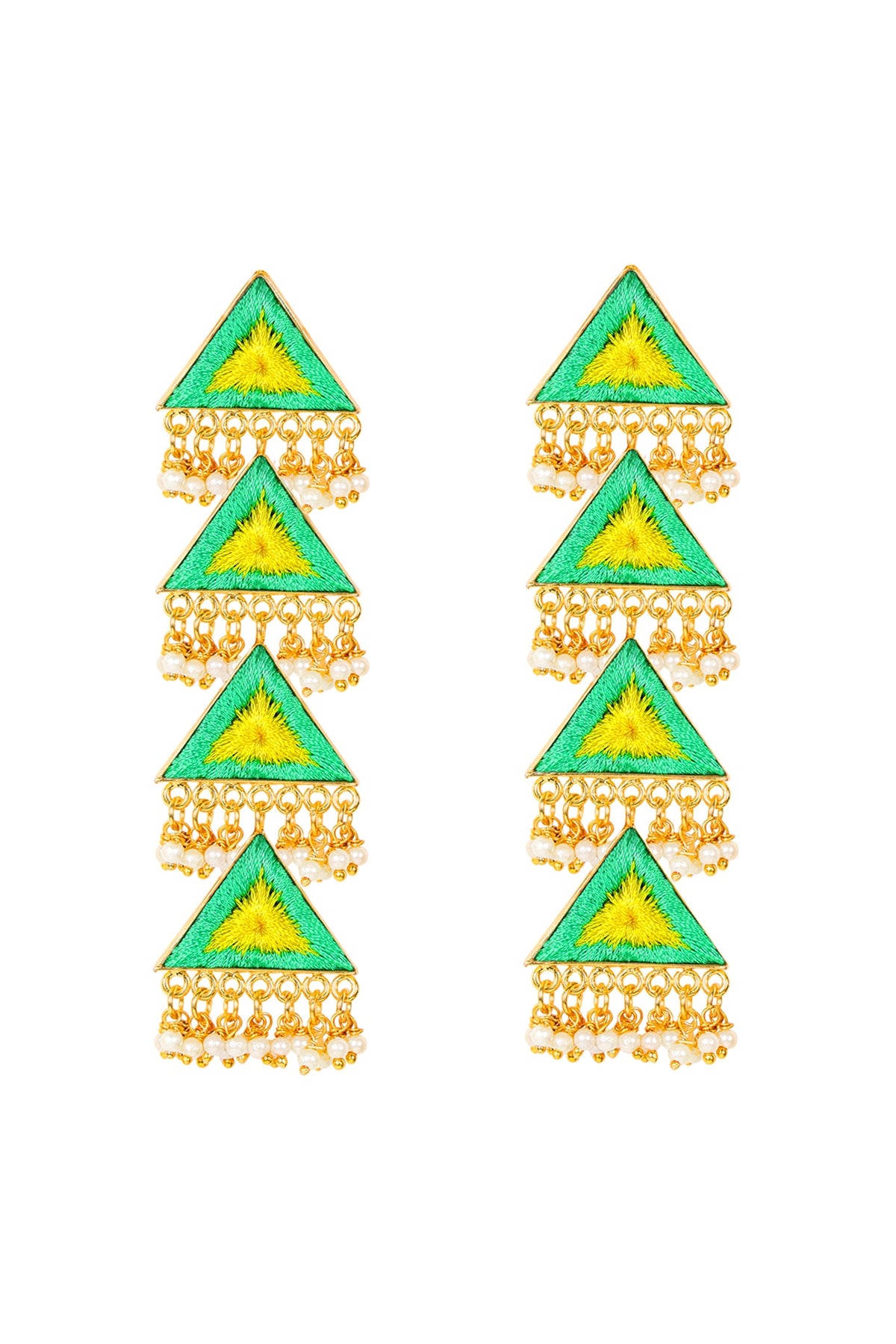 Matt Gold Finish Embroidered Triangle Earrings