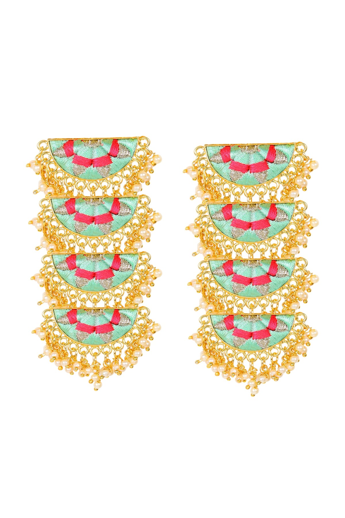 Matt Gold Finish Embroidered Semi-Circle Earrings