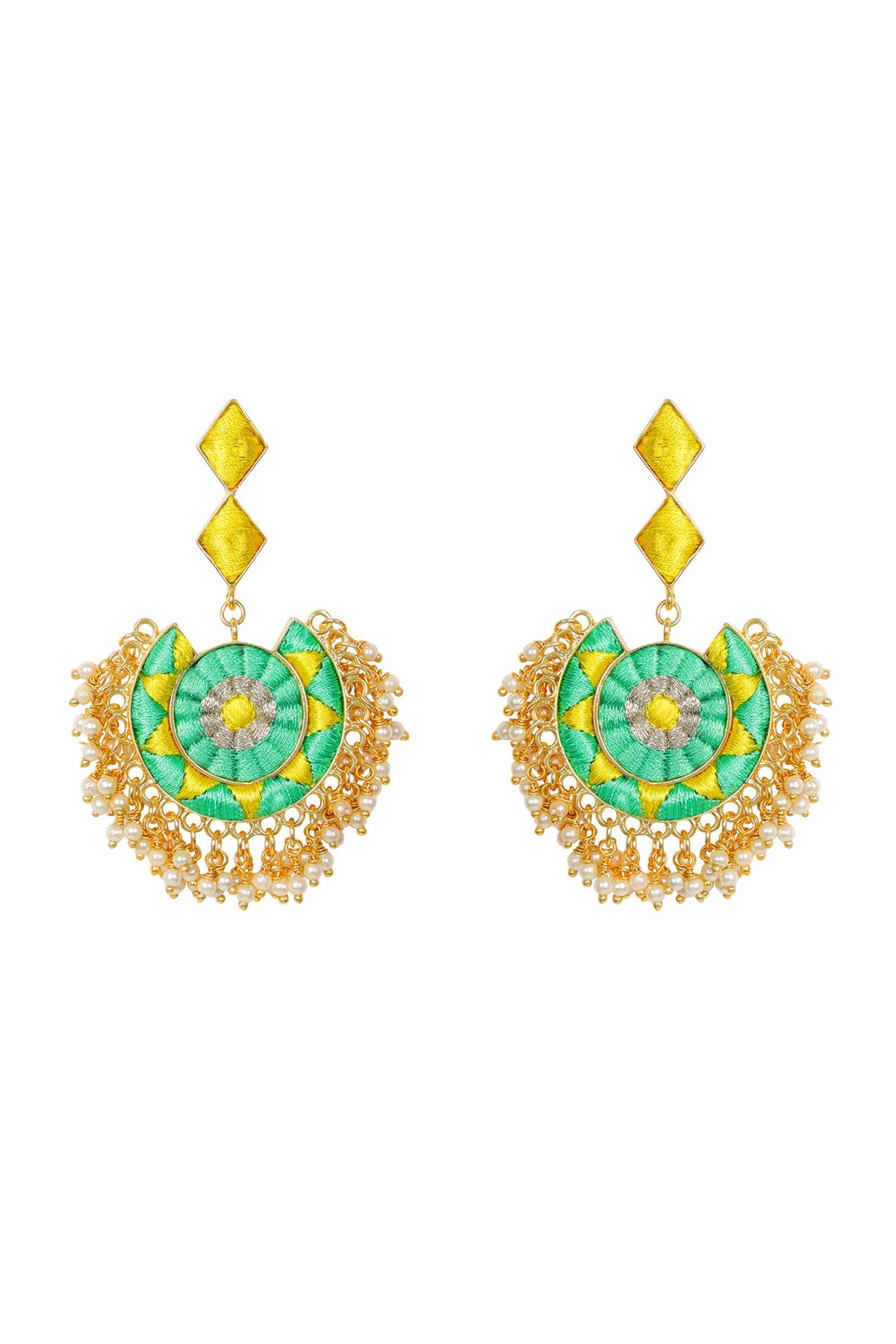 Matte Gold Finish Embroidered Chandbali Earrings