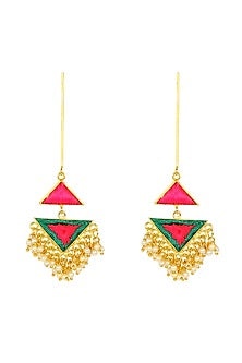 Matte Gold Finish Embroidered Triangle Earrings