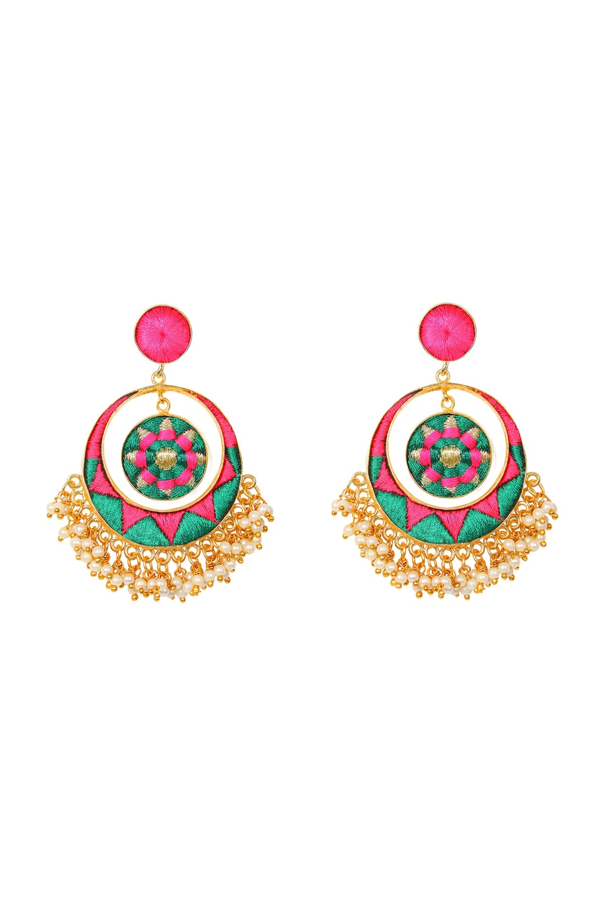 Matte Gold Finish Chandbali Earrings With Embroidery