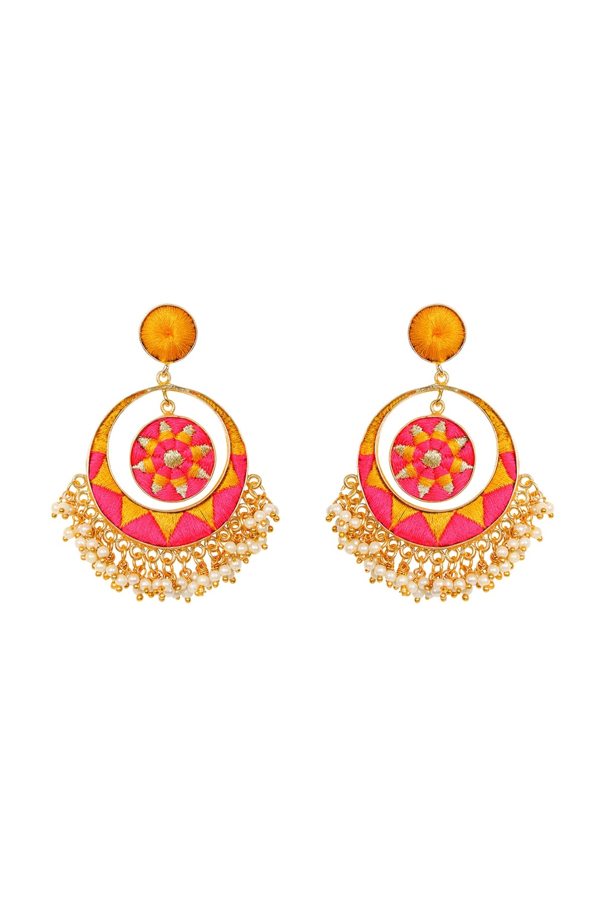 Matte Gold Finish Chandbali Earrings With Thread Embroidery